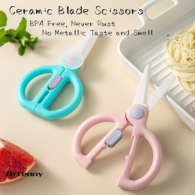 Baby Food Scissors with Travel Case, Ceramic Food Scissors Kids, Toddler Scissor with Safety Lock, Ideal for Pizza, Meats, Noodles, Vegetables, and Fruits (C)