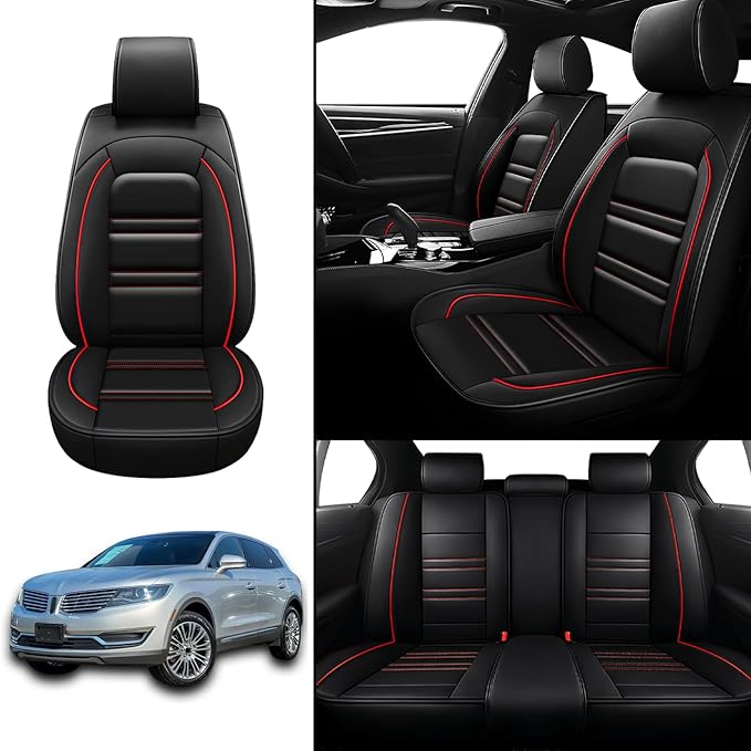 Seat Covers for Lincoln mkx 2007-2018 | 5-Seats Leather Seat Covers, Easy to Install Automotive Seat Covers Full Set (Full Set, Black&Red Line)