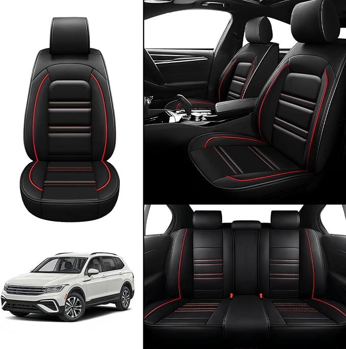 Seat Covers for VW Car tiguan 2009-2025 | 5-Seats Leather Seat Covers, Easy to Install Automotive Seat Covers Full Set (Full Set, Black&Red Line)