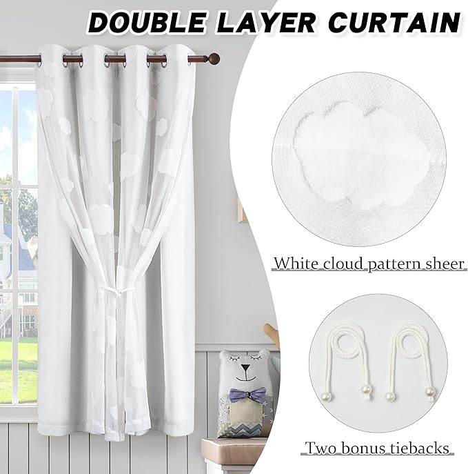 White Room Darkening Curtains for Bedroom 63 Inches Long Double Layer Kids Curtains with White Cloud Pattern Sheer Grommet Nursery Drapes 2 Panels Set, W52 x L63