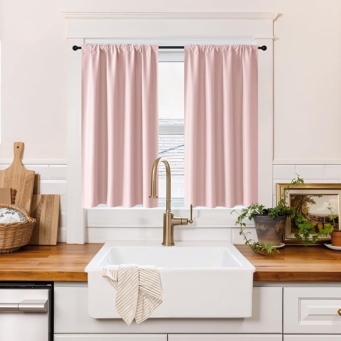 RYB HOME 100% Blackout Short Curtains for Small Window, Thermal Insulated Total Room Darkening Noise Reducing Curtains for Kitchen Bathroom Basement, 34 inches Wide by 48 inches Long, Baby Pink