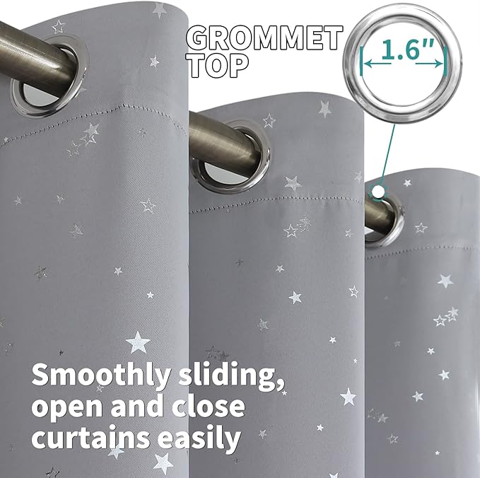 BGment Light Grey Star Blackout Curtains for Kid's Bedroom - Grommet Thermal Insulated Room Darkening Printed Curtains for Living Room, Set of 2 Panels (52 x 63 Inch, Light Grey)