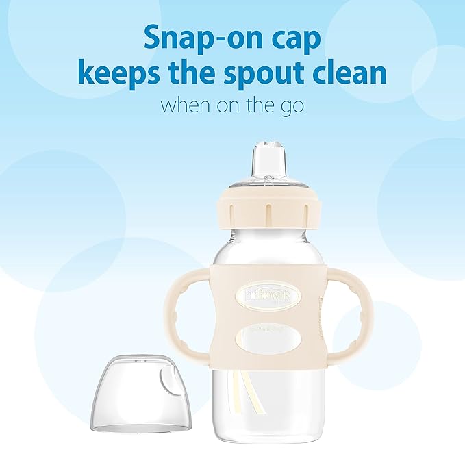 Dr. Brown's Milestones Wide-Neck Sippy Spout Bottle with 100% Silicone Handles, Easy-Grip Handles with Soft Sippy Spout, 9oz/270mL, Ecru, 1-Pack, 6m+