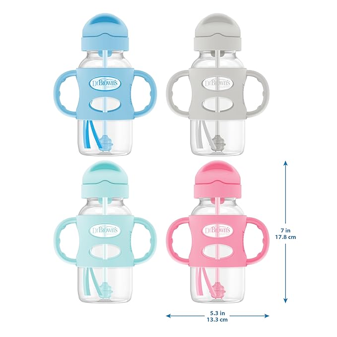 Dr. Brown's Milestones Wide-Neck Sippy Straw Bottle with 100% Silicone Handles and Weighted Straw, 9 oz/270 mL, Pink, 6m+
