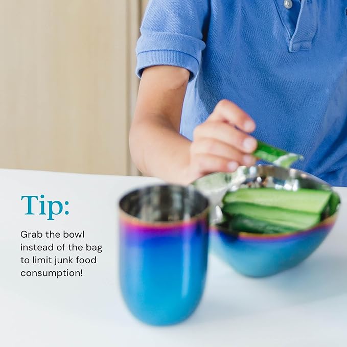 Ahimsa Stainless Steel Bowls for Kids | Non Toxic, Pediatrician Designed Toddler Bowls 12oz | Durable Metal Kids Bowl, Easy to Clean, Dishwasher Safe | Set of 4 Fun Blue