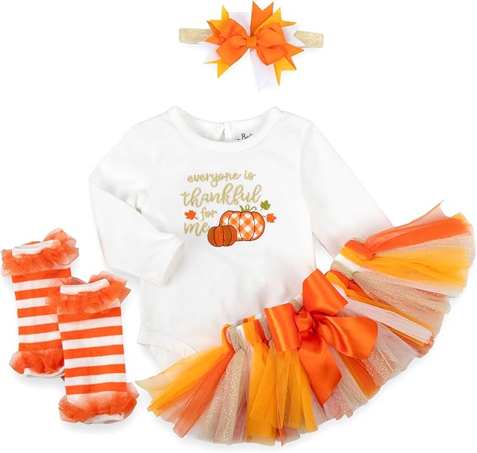 Baby Girl Holiday Outfit 4-Piece Set – Long Sleeve Bodysuit, Pants, Tutu Skirt & Headband – Halloween, Thanksgiving