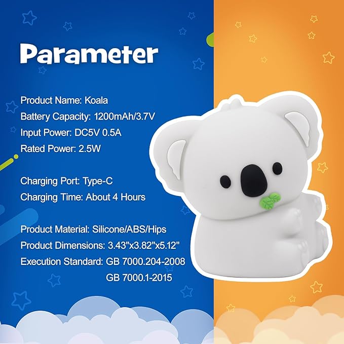 Squishy Koala Night Light with RGB Mode Cute Cuddly Koala Light 3 Brightness Adjustable Nursery Breastfeeding Nightlight Rechargeable Silicone Touch Bedside Animal Lamp for Bedroom Dorm Decor