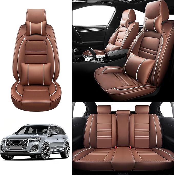 Car Seat Covers for Audi q7 2017-2025 | 5-Seats Seat Covers, Waterproof Seat Protectors, Automotive Seat Covers (Full Set with Pillow,Coffee)