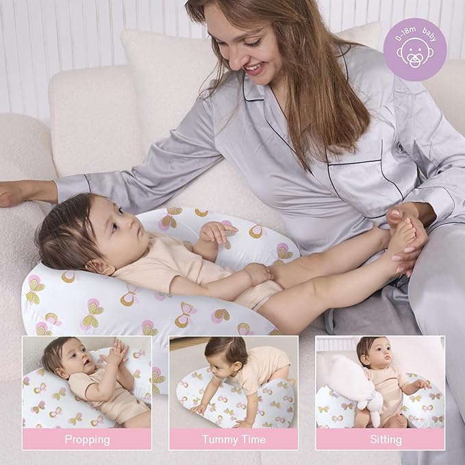 Little Grape Land Nursing Pillow,Upgraded Breast Feeding Pillow for Mom,Breastfeeding & Bottle Feeding for 0–12 Months, Soft Machine Washable Cover with Firm Breathable Filling, Tummy Time,Butterfly