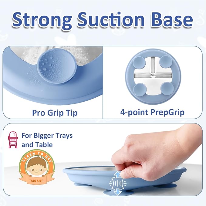 Stainless Steel Suction Plates for Toddlers, 9" Divided Kids Baby Plates with Removable Silicone Suction, Non Toxic Non Slip Portion Control Snack Dishes 3 Packs, Blue Gray Navy