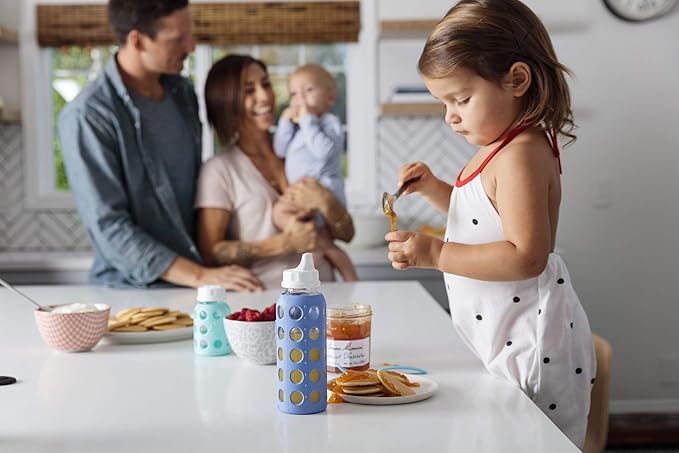 Lifefactory Baby Bottle Starter Set 10-Piece | 4 oz Mint & Lavender, 9 oz Kale & Grape | Includes Flat Caps, Sippy Caps, Stage 2 Nipples