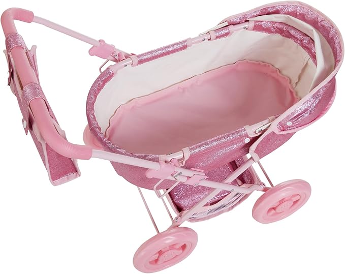 Olivia's Little World Baby Doll Bassinet Pram with Cover with Retractable Canopy & Storage, Hot Pink Glitter