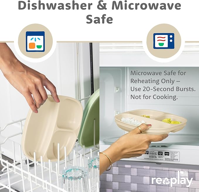 Re-Play Toddler Plates with Dividers - Deep-Walled 3 Compartments Divided Plates for Kids - Dishwasher & Microwave Safe - Made in USA - Set of 3-7.37" x 7.37" x 1.25" - Beach Baby