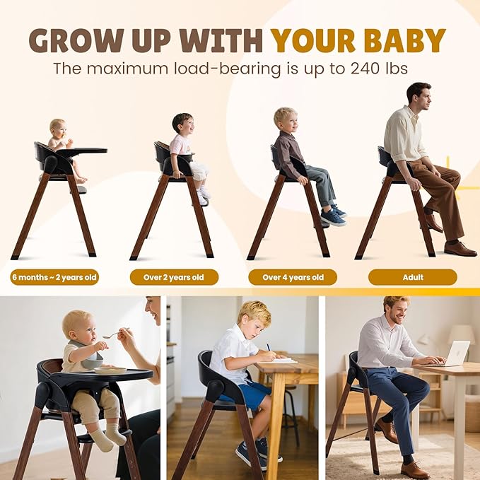 Convertible High Chairs for Babies & Toddlers. 5-in-1 Adjustable High Chair with Removable Tray, Easy to Clean, Portable (Black Brown)