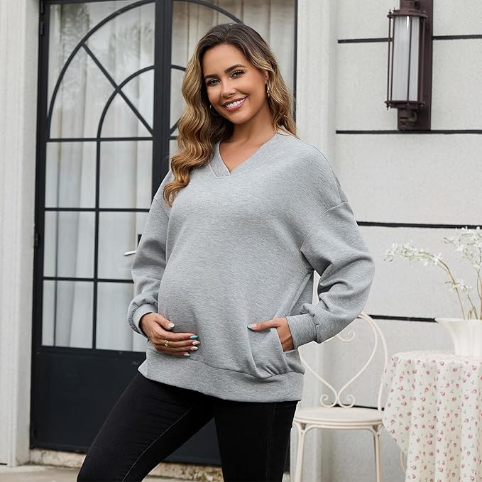 GINKANA Maternity Long Sleeve Shirts V Neck Sweatshirt Casual Tunic Tops Pregnancy Pullover with Pockets