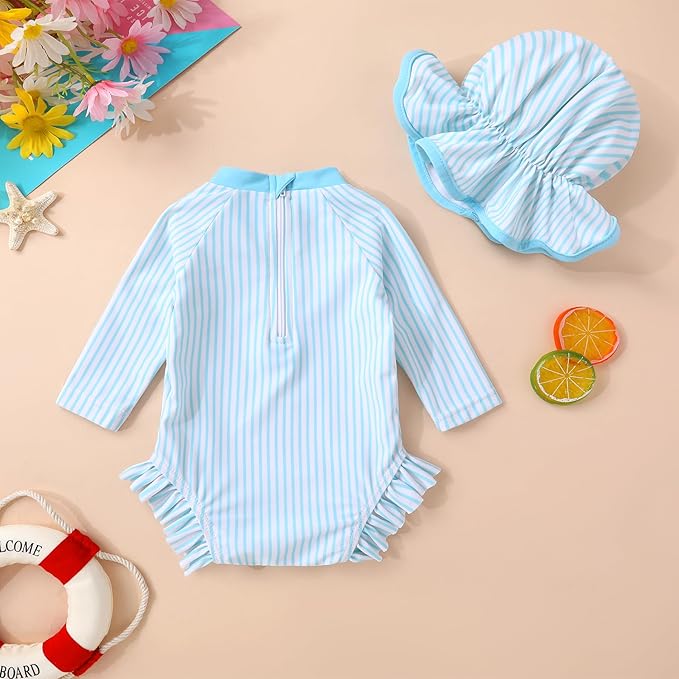 Infant Baby Girl Swimsuit One-Piece Long Sleeve Rash Guard with Hat Set Floral Zipper Bathing Suit Leopard Beach Wear