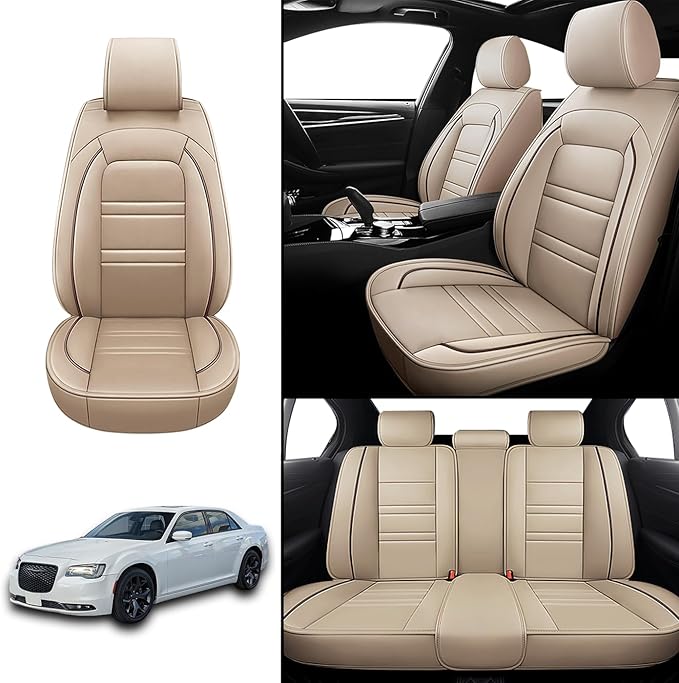 Car Seat Covers for Chrysler Car 300 2005-2023 | 5-Seats Leather Seat Covers, Easy to Install Automotive Seat Covers Full Set (Full Set, Beige)