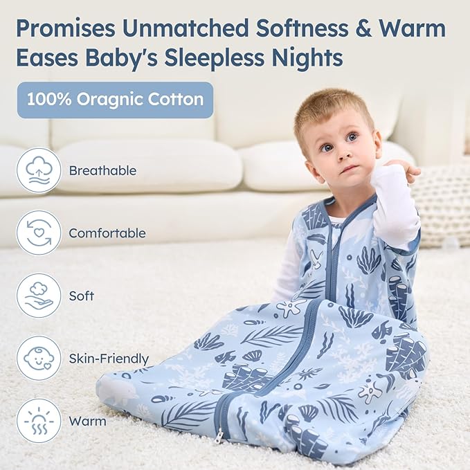 Baby Sleep Sack 12-18 Months 100% Cotton Lightweight 0.5 TOG Wearable Blanket Baby Sleep Bag with 2-Way Zipper for Infant Toddler Blue Dolphin