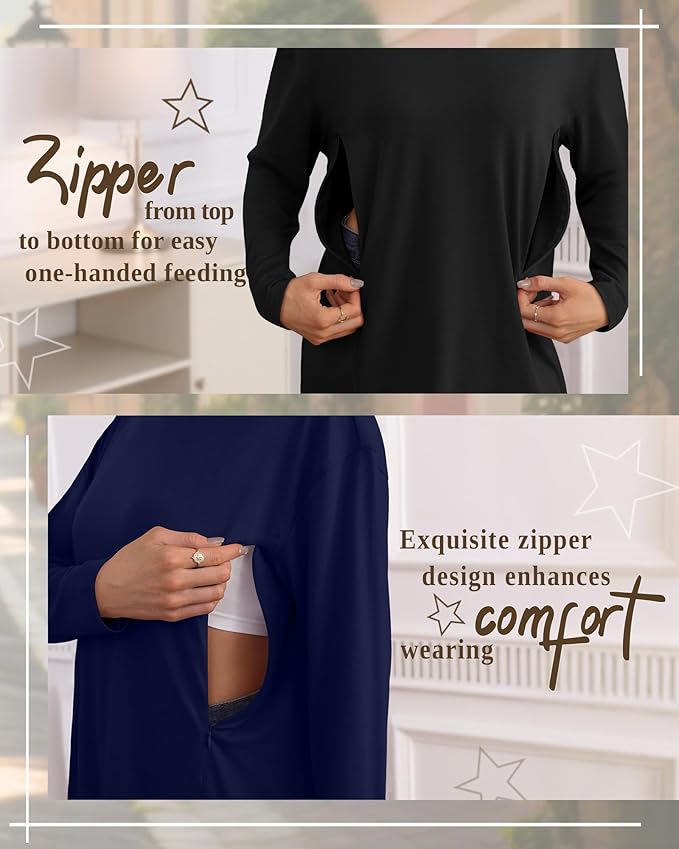 3 Pack Women's Nursing Breastfeeding Tops, Long Sleeve Maternity Shirts Oversize Hidden Zipper Pregnancy Clothes