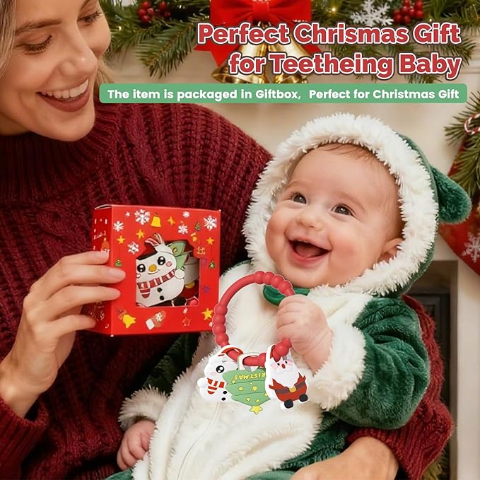 Christmas Baby Teething Ring with 3pcs Teether-Soft Santa Claus, Snowman & Tree, Textured Silicone Teether for 0-12months, Baby Sensory Chew Bracelet for Baby’s First Christmas