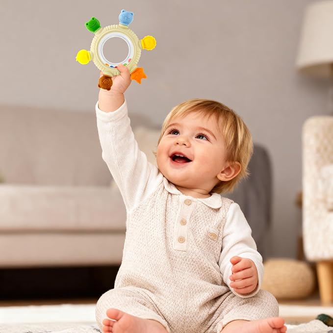 Baby Teething Toy for 0-6 6-12 Months Sensory Toys Baby Rattle Teether | Freezer Safe Silicone Teether | Silicone Baby Teething Ring for Teething Relief | BPA Free, Easy Grip Design for Infants