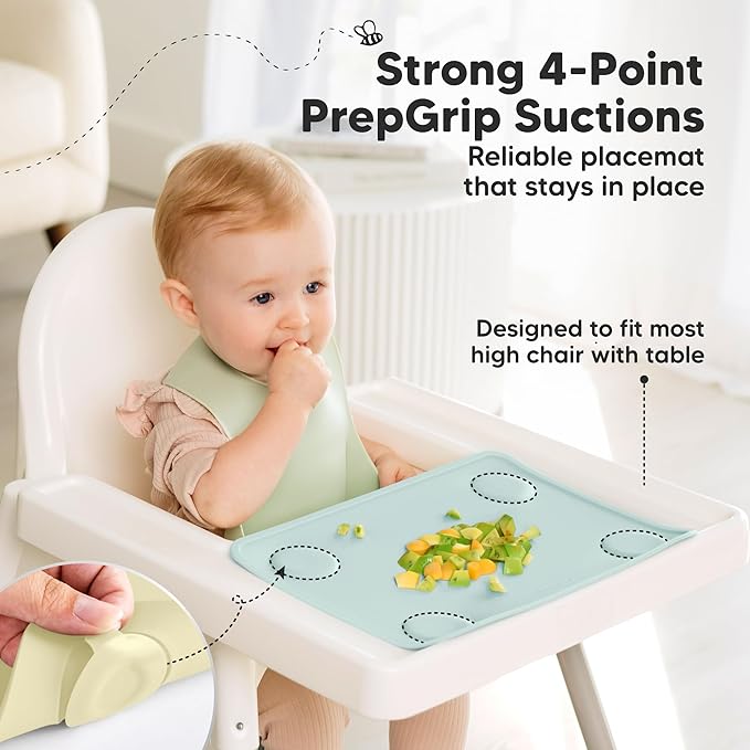 KeaBabies 2-Pack Silicone Placemats for Toddlers - 12x9 Non Slip Suction Baby Silicone Placemat for Kids Eating, Easy to Clean, Busy Travel Baby Mat for Dining Table, Food Grade/BPA-Free (Pastel Sky)