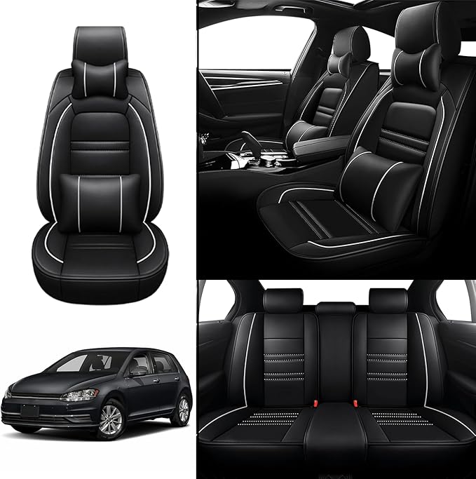 Car Seat Covers for VW Car Golf 2015-2019 | 5-Seats Seat Covers, Waterproof Seat Protectors, Automotive Seat Covers (Full Set with Pillow,Black&White Line)