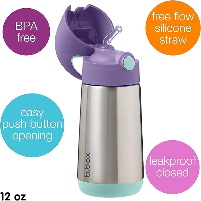 b.box 12 oz Insulated Water Bottle - Keeps Drinks Cold 8 Hours, Warm 6 Hours, Triple Wall Stainless Steel Kids Water Bottle w/Free Flow Silicone Straw, Leakproof & Dishwasher Safe