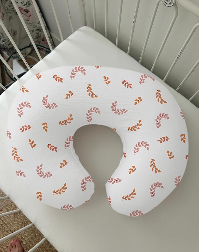 Nursing Pillow Covers 2 Pack, Muslin Nursing Cover for Breastfeeding Pillows, Comfortable for Baby Girls and Boys (Brick & Leaf)