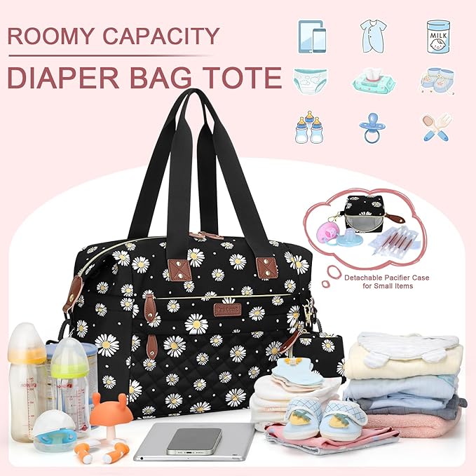 Pritent Diaper Bag Tote - Diaper Baby Bags with Pacifier Case, Shoulder Straps, Stroller Clips, Waterproof Large Mommy Maternity Travel Baby Bag for Mom and Dad, Daisy, Medium