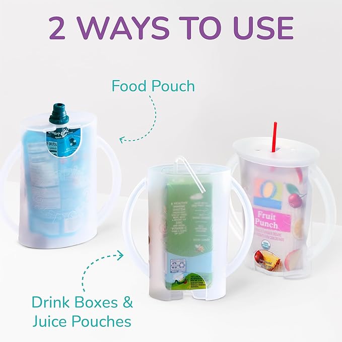Flipping Holder Squeeze Proof Pouch Holder (2-pack with lids) for Food Pouches & Juice Boxes - Multipurpose - Prevent Messes & Support Self-Feeding - Easy Grasping Handles - Made in USA