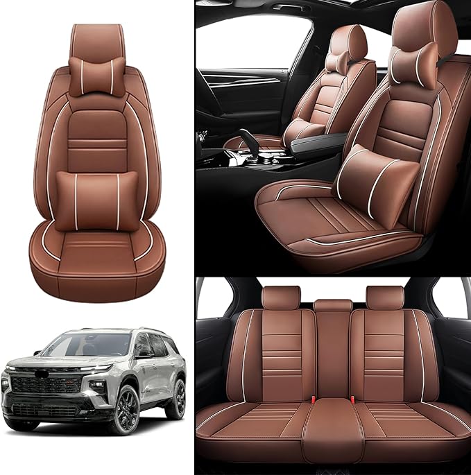 Car Seat Covers for Chevy Traverse 2009-2025 | 5-Seats Seat Covers, Waterproof Seat Protectors, Automotive Seat Covers (Full Set with Pillow,Coffee)