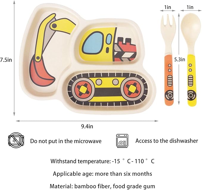 Kids Plates - 3-Piece Bamboo Toddler Plates Dinnerware Set - Divided Plate, Baby Spoon & Fork - Teaches Portion Control