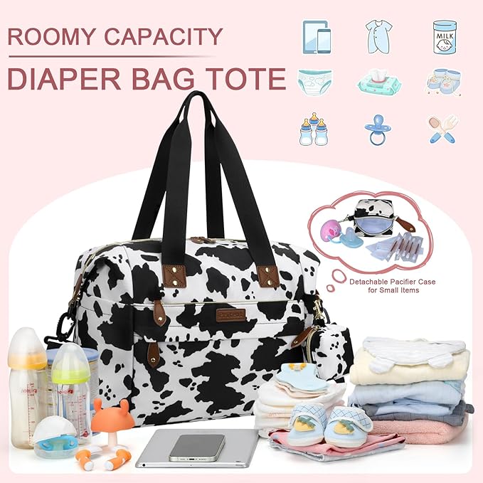 Pritent Diaper Bag Tote - Diaper Baby Bags with Pacifier Case, Shoulder Straps, Stroller Clips, Waterproof Large Mommy Maternity Bag Travel Baby Bag for Mom and Dad, Cowprint, Medium