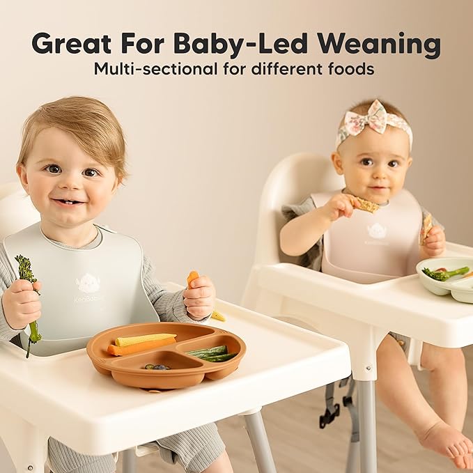 KeaBabies Suction Plates for Baby, Toddler - 3-Pack 100% Silicone Toddler Plates with Suction, Divided, BPA-Free Baby Led Weaning Essentials for Kids, Dishwasher, Microwave Safe, Durable (Forest)