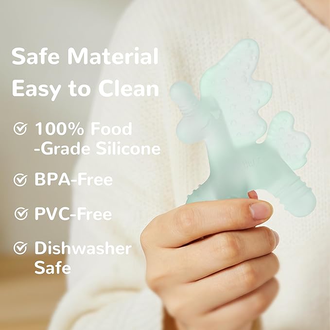 HECCEI Baby Teether Toy, Soft Food‑Grade Silicone Teether, Soft Infant Teether Chew Toy, BPA Free, Multi-Texture Design Teether (Mint Haze)