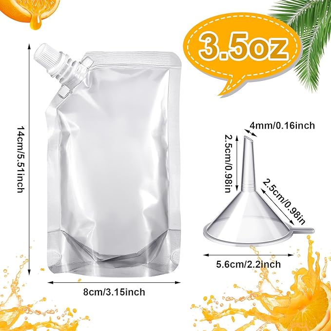 Meanplan 100 Pcs Plastic Pouches Bulk Reusable Squeeze Pouches Clear Plastic Juice Leak Proof Bags with Funnel for Party Favors Supplies(3.5 oz,Inclined Mouth)