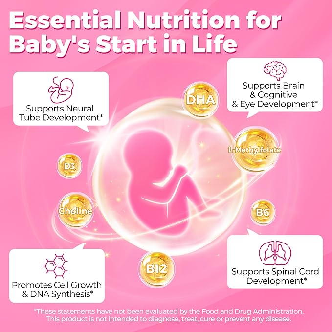 Prenatal Multivitamin Gummy for Women w/Methylfolate 1mg, Iron Choline Omega-3(DHA+EPA), Prenatal Vitamins for Women Gummies, Postnatal Vitamins | Before,During & After Pregnancy, Sugar Free,120Cts