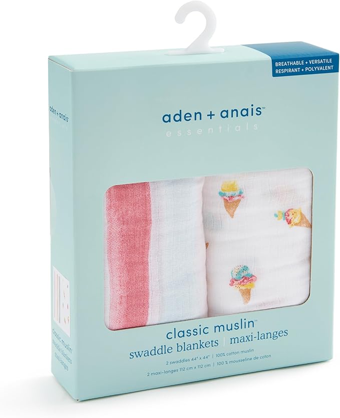 aden + anais Essentials Cotton Muslin Swaddle, Breathable Baby Blanket, Ideal for Boys, Girls, Newborns, Babies & Infants, Receiving Blanket, Soft and Lightweight Wrap, 2 Pack, Ice Cream Dreams