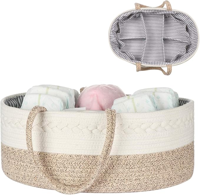 Baby Diaper Caddy Organizer -100% Cotton Baby Basket Bin with Removable Divider -Portable Tote Bag Storage Basket for Boy & Girl Nursery Organization (White & Yellow Variegated)