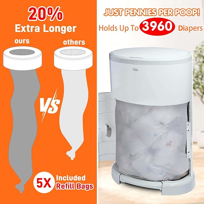 10 Pack Refills Compatible with DEKOR MINI Diaper Pails | 20% Extra Length Diaper Pail Refill Bags Liners Holds 3960 Diapers | Ultimate Odor Control with Baby Scented