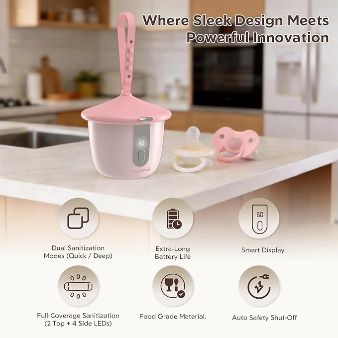 MomMed Portable Pacifier Sanitizer with Smart Display, Dual 60/180s Disinfection Modes, Auto Shut-Off, UV Pacifier Holder Case for Baby Pacifiers, Teethers, Bottle Nipples and More(Pink)
