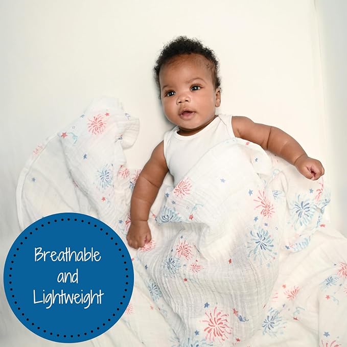 LollyBanks Swaddle Blanket 100% Cotton, Muslin Swaddle Blankets Lightweight, Soft Baby Swaddle Blanket 47 x 47 inches, Baby Essentials, Registry and Gift (Fireworks Print)