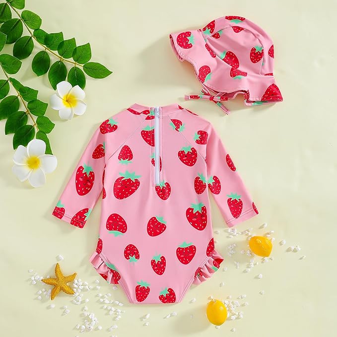 WOLBAY Baby Girl Swimsuit Long Sleeve One Piece Rash Guard with Sun Hat Zipper Bathing Suit Size 0-2T