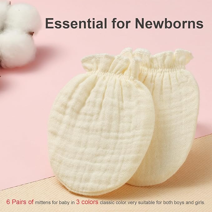 MOMSMENU Newborn Mittens No Scratch 100% Cotton Mitts Boy Girl baby mittens 0-6 months 6 Pack