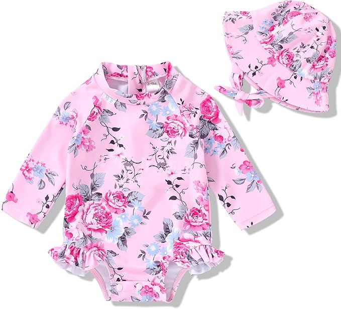 Infant Baby Girl Swimsuit One-Piece Long Sleeve Rash Guard with Hat Set Floral Zipper Bathing Suit Leopard Beach Wear