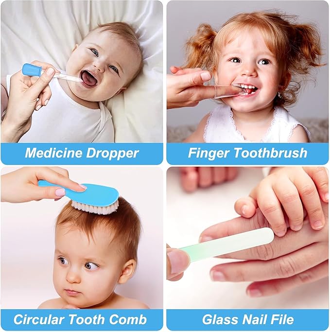 Baby Grooming Kit, Infant Safety Care Set with Hair Brush Comb Nail Clipper Nasal Aspirator,Baby Essentials Kit for Newborn Girls Boys (Blue)