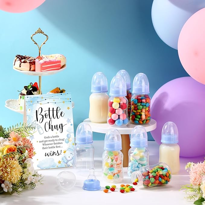TrelaCo Bottle Chug Baby Shower Game 20 Pcs Baby Bottles Shower Favor with 1 Elephant Theme Sign for Gender Reveal Party Supplies Gifts(Blue)