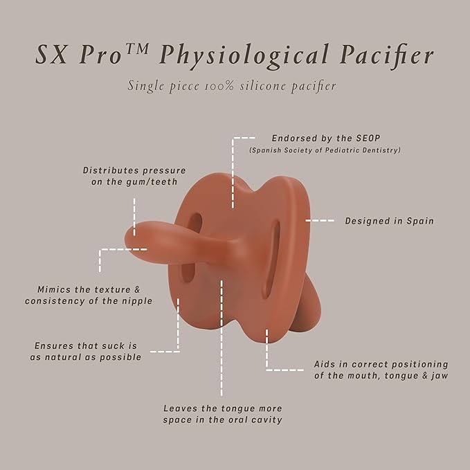 Color Essence SX PRO Silicone Baby Pacifier 2Pk, Made with 100% Soft Silicone, Baby Essentials Perfect for Breastfeeding Babies, Designed in Spain, 0-6 Mths, Orange/Green