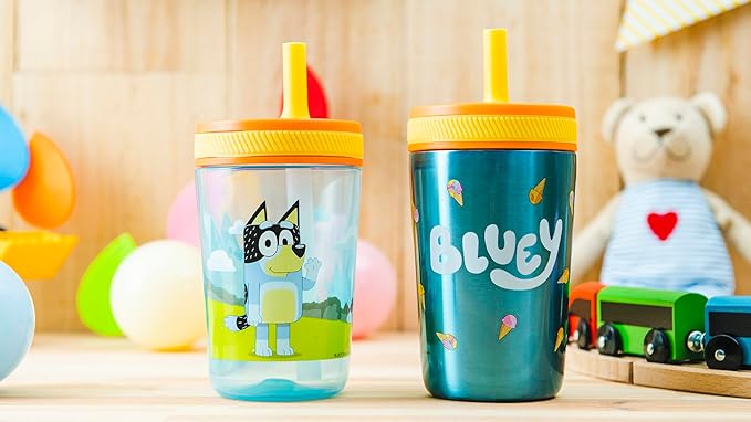 Zak Designs Bluey Kelso Tumbler Set, Leak-Proof Screw-On Lid with Straw, Bundle for Kids Includes Plastic and Stainless Steel Cups with Bonus Sipper, 3pc Set (Pack of 12)
